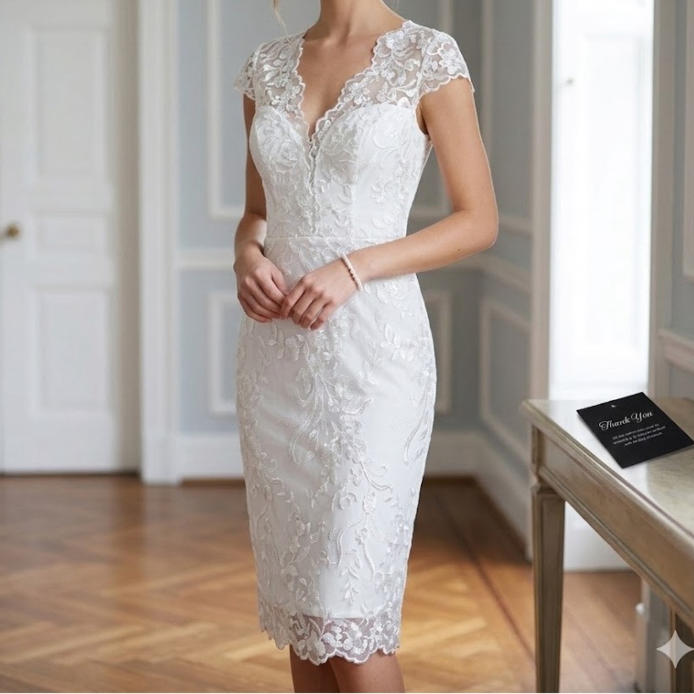 Soieblu White Lace Midi Bridal Dress Pencil Silhouette Courthouse Wedding M